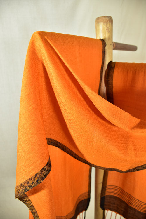 Pure Woolen Stole | Orange With Black Border & Striped Pallu
