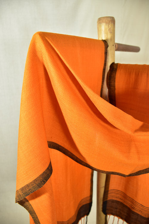 Avani Kumaon Pure Woolen Stole | Orange With Black Border & Striped Pallu