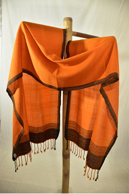 Avani Kumaon Pure Woolen Stole | Orange With Black Border & Striped Pallu