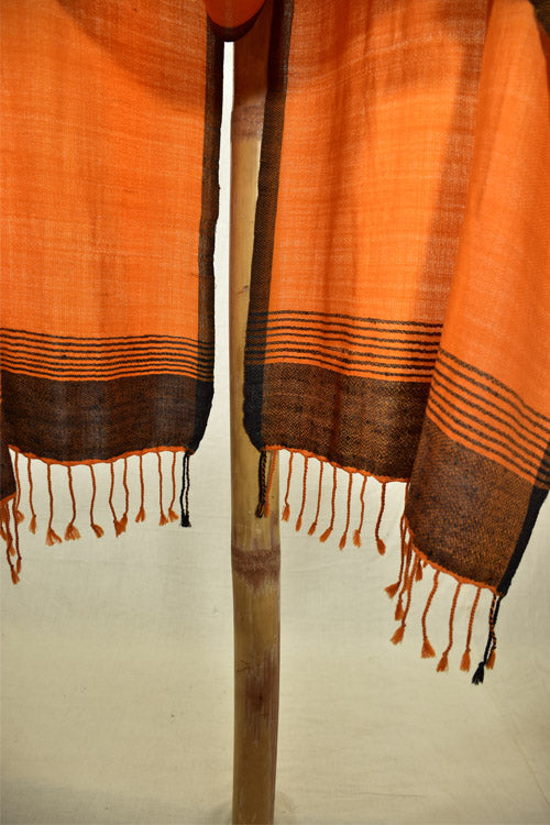 Avani Kumaon Pure Woolen Stole | Orange With Black Border & Striped Pallu