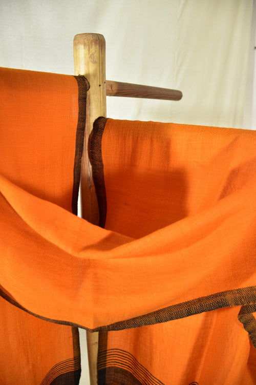 Avani Kumaon Pure Woolen Stole | Orange With Black Border & Striped Pallu