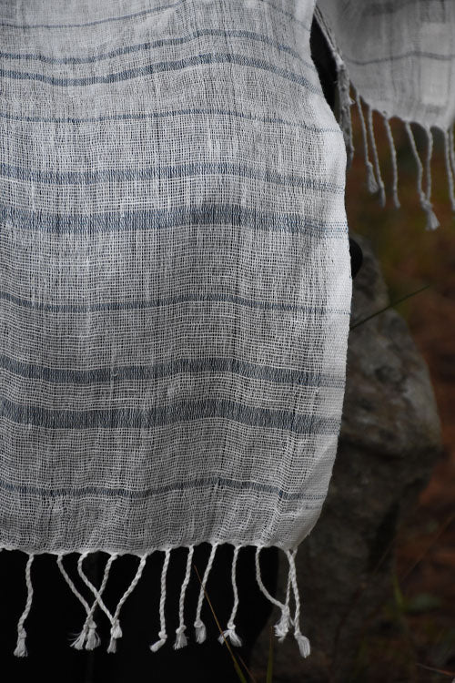 Pure Linen Stole | White With Indigo Stripes