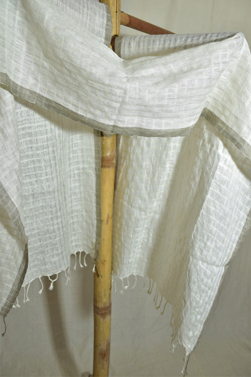 Silk Linen Stole | White With Grey Border