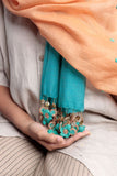 Samoolam Handmade Crochet Flower Tassel Stole ~  Beige & Turquoise