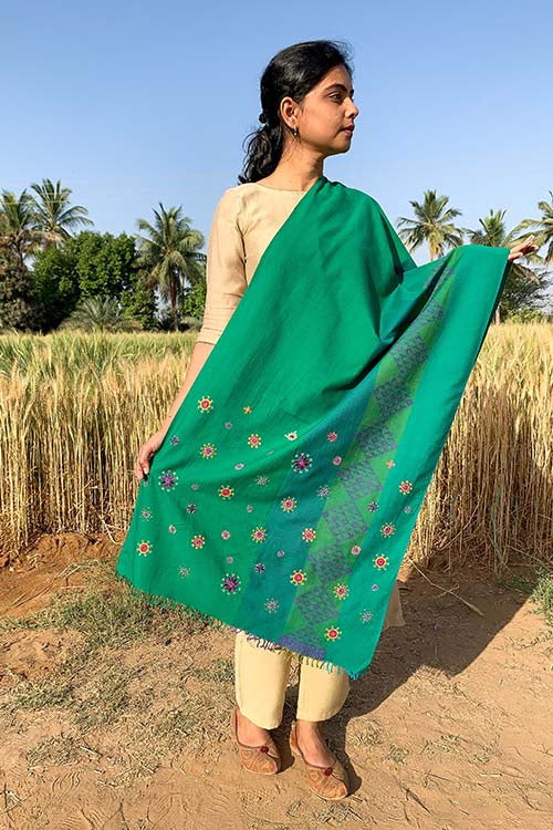 Shrujan Green 'Pakko' Hand Embroidered Handwoven Cotton Stole