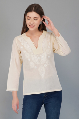 Sufia Hand Embroidered Chikankari Cotton Top / Two Tone