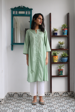 Sufia Hand Embroidered Chikankari Cotton Kurta/Dress - Sage Green