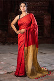 Stunning In Red. Handloom Cotton Saree. Fiery Red & Dull Gold