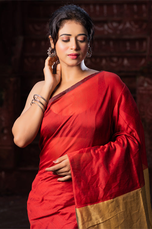 Stunning Red Cotton Linen Handwoven in Bandhini Style Saree - Loomfolks
