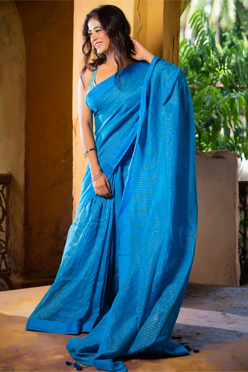 Elegant Bengal Cotton Woven Saree - Bright Blue & Silver Striped