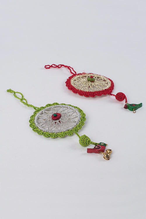 Samoolam Handmade Christmas Tree Decorations ~ Red & Green Dreamcatcher (Set Of 2)