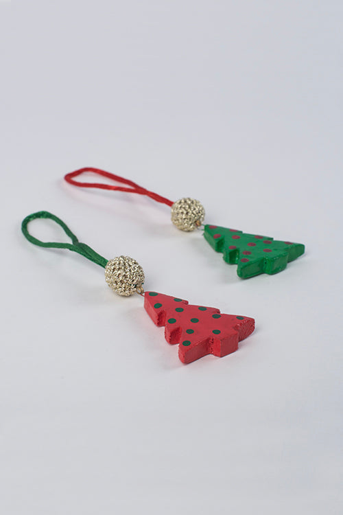 Samoolam Handmade Christmas Tree Decorations ~ Red & Green Bead Wooden Tree (Set Of 2)