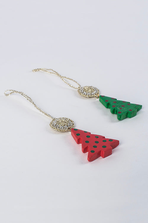 Samoolam Handmade Christmas Tree Decorations ~ Red & Green Tikki Wooden Tree (Set Of 2)