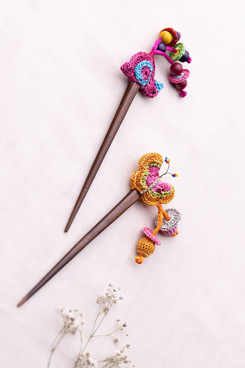 Samoolam Handmade Crochet Hairstick ~ Bird & Flowers Multicolour - Pair