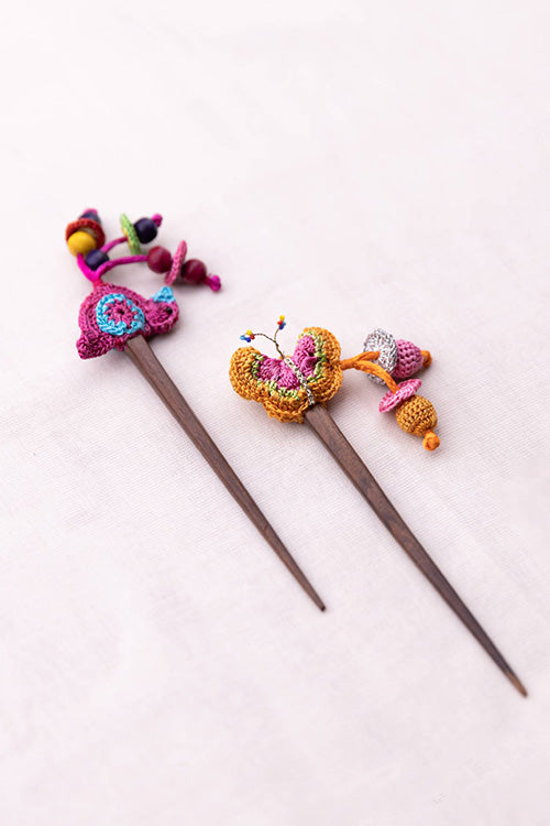 Samoolam Handmade Crochet Hairstick ~ Bird & Flowers Multicolour - Pair