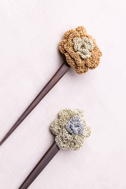 Samoolam Handmade Crochet Hairstick ~ Metallic Zari Flowers - Pair