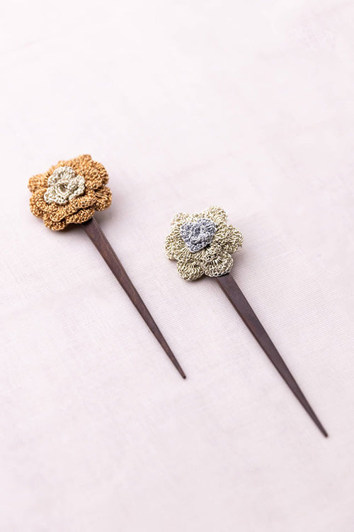 Samoolam Handmade Crochet Hairstick ~ Metallic Zari Flowers - Pair