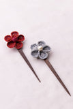 Samoolam Handmade Crochet Hairstick ~ Red & Silver Flowers - Pair
