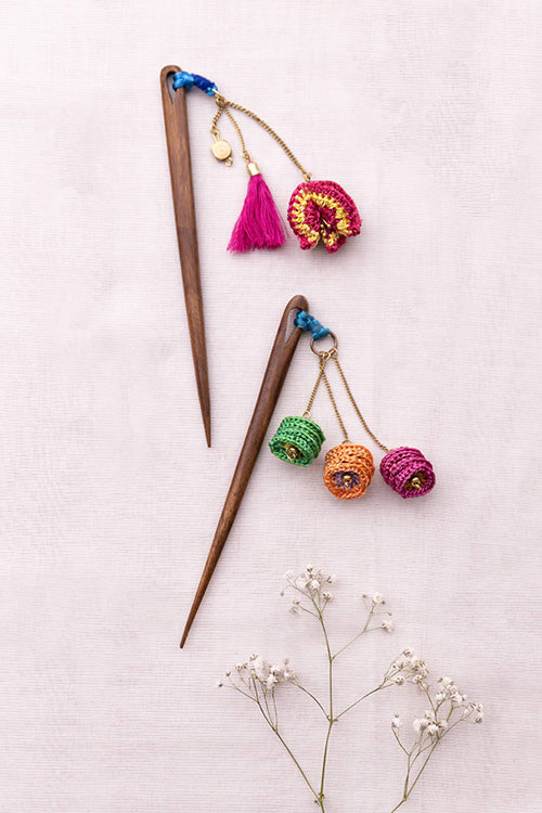 Samoolam Handmade Crochet Hairstick ~ Tassel Flowers Multicolour - Pair