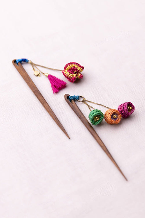 Samoolam Handmade Crochet Hairstick ~ Tassel Flowers Multicolour - Pair
