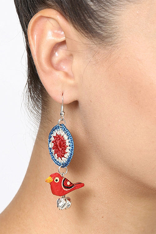 Samoolam " Wooden Parrot Bell Earrings ~ Red "
