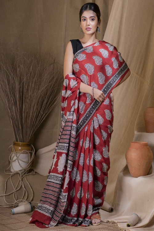 Large Paisley Bagru Block Print Modal Silk Saree Online