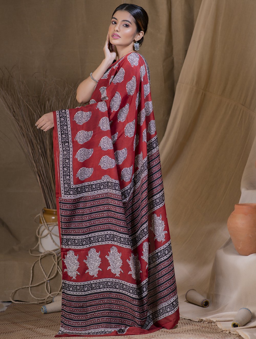 Large Paisley Bagru Block Print Modal Silk Saree Online