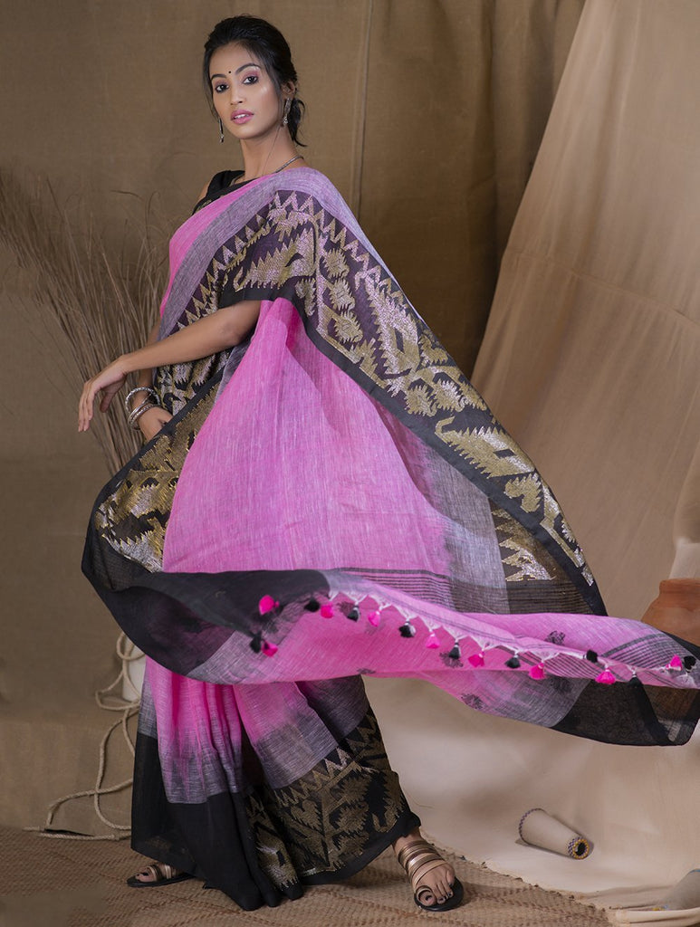 Stunning Beauty. Pure Linen Handwoven Jamdani Saree - Pink, Black & Gold (With Blouse Piece)
