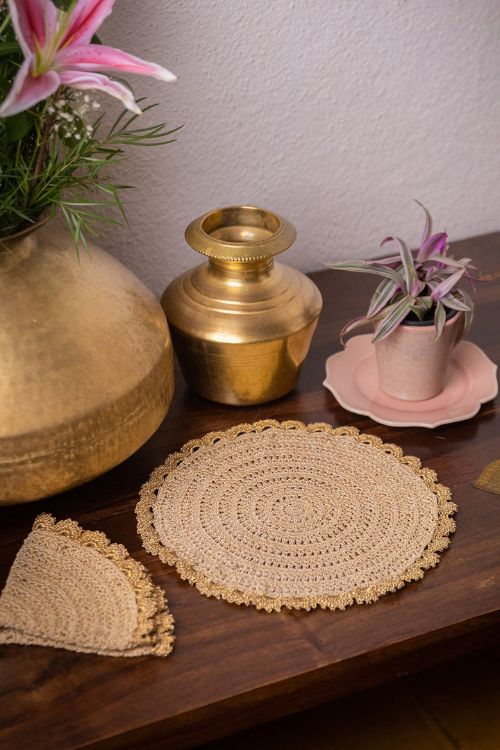 Samoolam Handmade Crochet Ziba Round Placement Mat Golden Beige