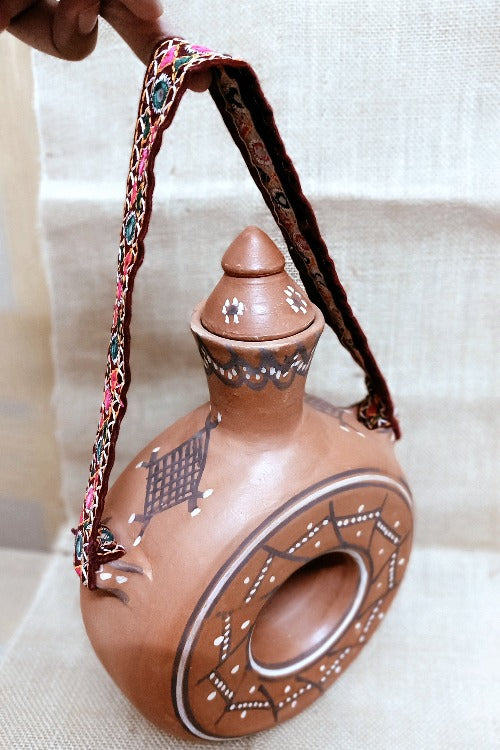 Terracotta by Sachii "Kutch Painted Pottery Donut Bottle with strap"