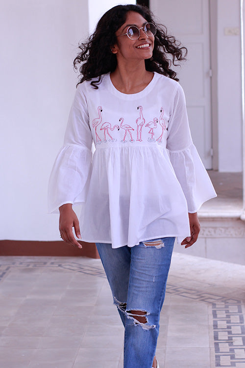 Okhai "Flamingo Feathers" Embroidery Work Top