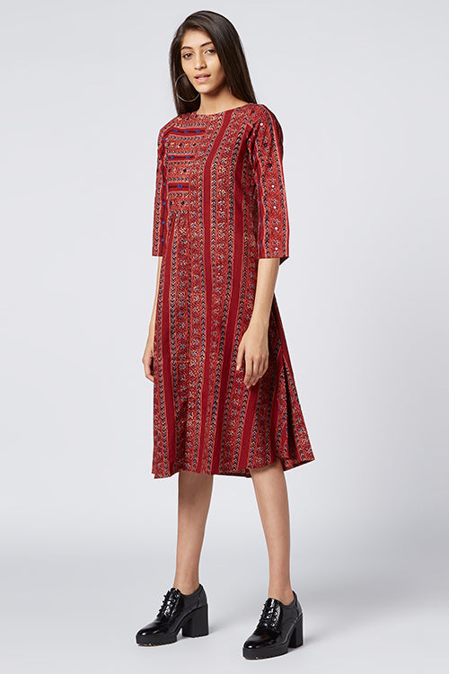 Okhai Shyra Maroon Cotton Ajrakh Mirror Work Embroidery Dress Online