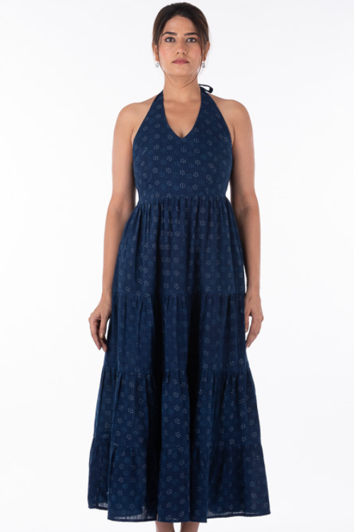 Dharan "Sara Dress" Indigo Block Printed Dress