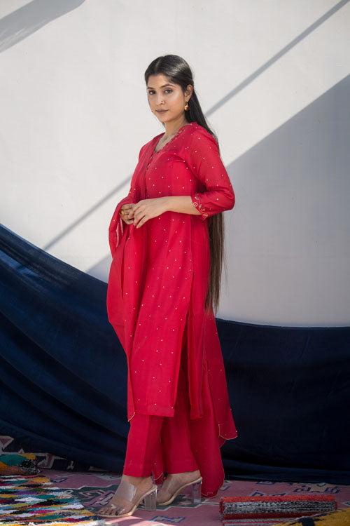Urmul'Aroos' Festive' Chanderi Kurti.(3Pc Kurta,Pant And Dupatta Set)
