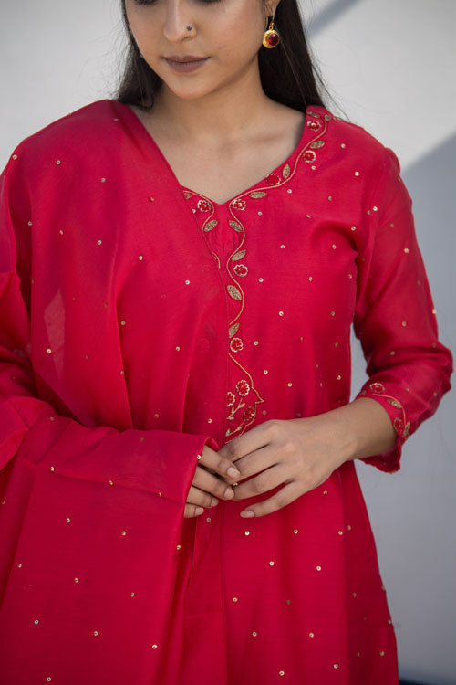 Urmul Aroos Red Hand Embroidered Chanderi Kurta For Women Online