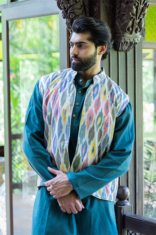 White Koti With Multicolored Motif Ikkat Nehru Jacket For Men Online