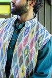 White Koti With Multicolored Motif Ikkat Nehru Jacket For Men Online