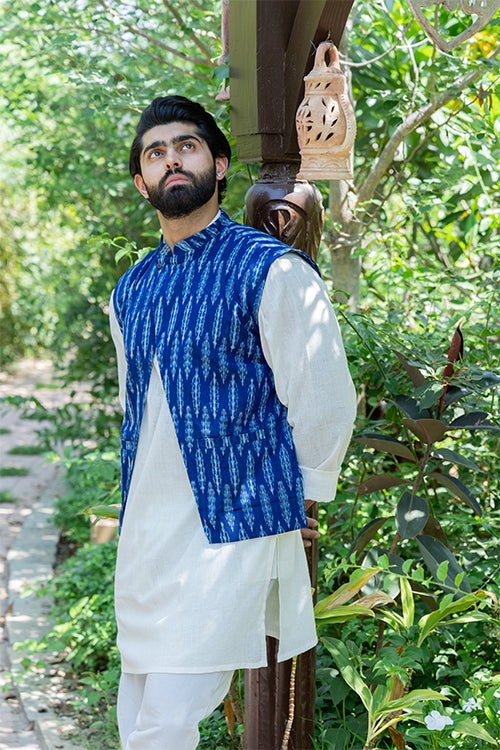 Okhai Blue Ikkat Koti Nehru Jacket For Men Online