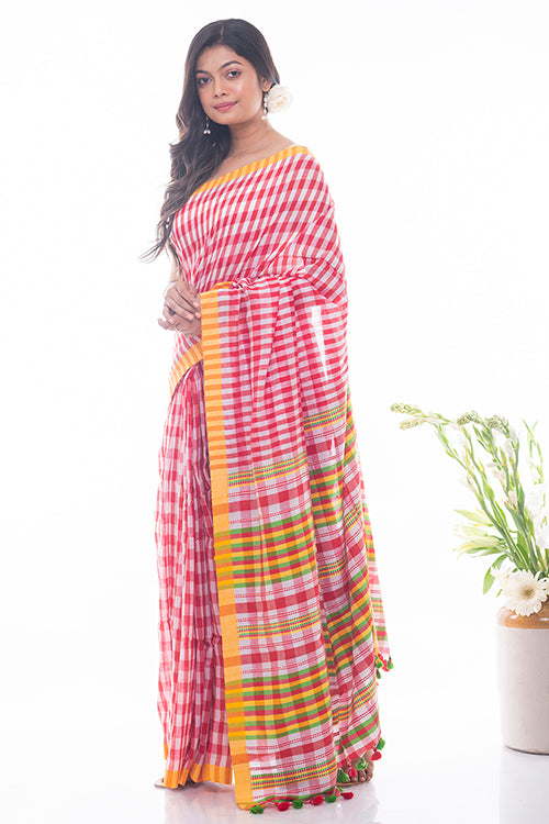 Red & White Soft Bengal Handwoven Checked Cotton Saree Online