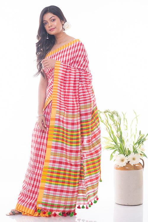 Red & White Soft Bengal Handwoven Checked Cotton Saree Online