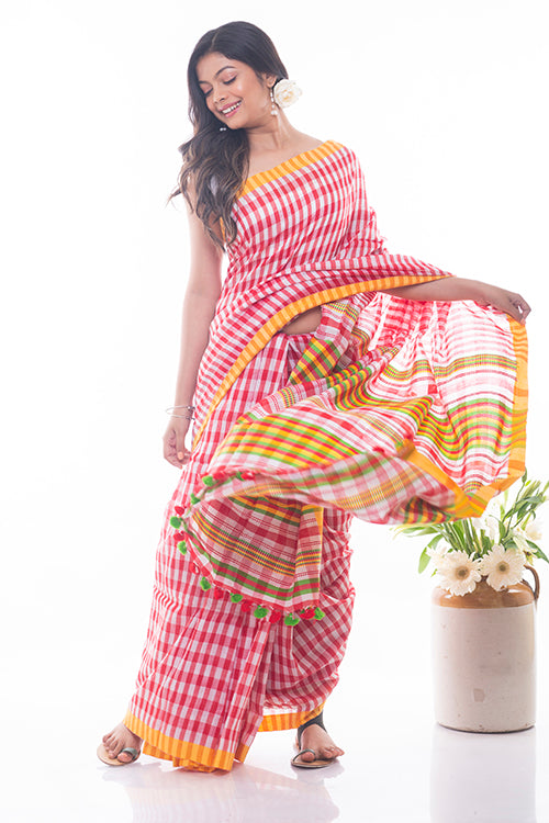 Soft Bengal Handwoven Gamcha Checked Saree - Red & White