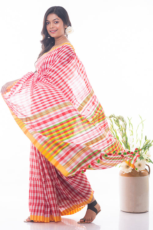 Soft Bengal Handwoven Gamcha Checked Saree - Red & White