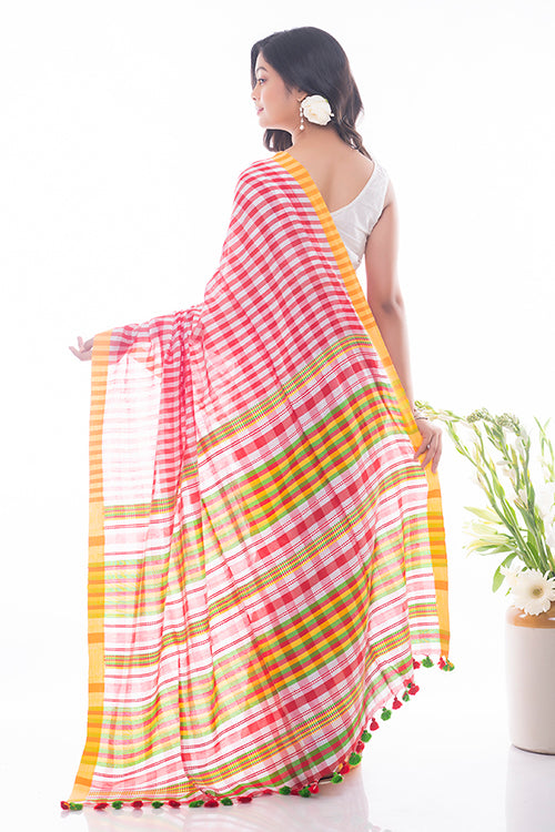 Soft Bengal Handwoven Gamcha Checked Saree - Red & White