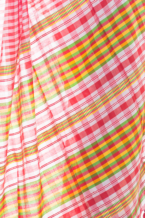 Soft Bengal Handwoven Gamcha Checked Saree - Red & White