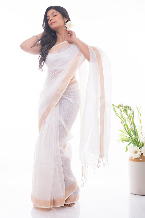TICH Flowing & Graceful. Soft Handwoven Bengal Linen Checked Saree - White & Gold