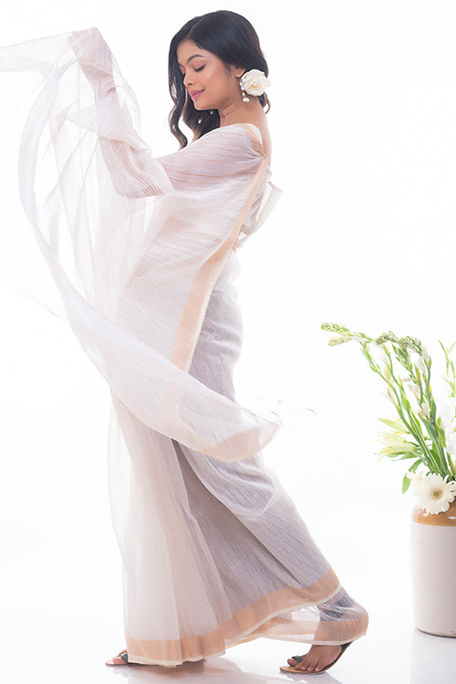 TICH Flowing & Graceful. Soft Handwoven Bengal Linen Checked Saree - White & Gold