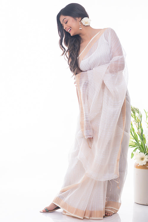 TICH Flowing & Graceful. Soft Handwoven Bengal Linen Checked Saree - White & Gold