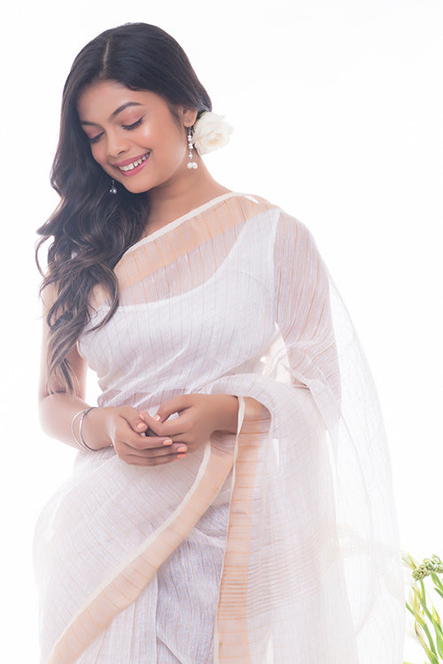 TICH Flowing & Graceful. Soft Handwoven Bengal Linen Checked Saree - White & Gold