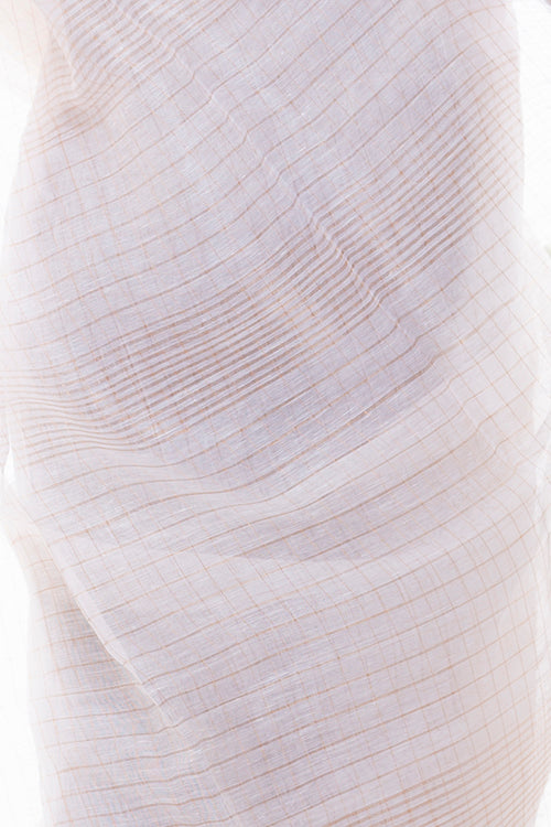 TICH Flowing & Graceful. Soft Handwoven Bengal Linen Checked Saree - White & Gold