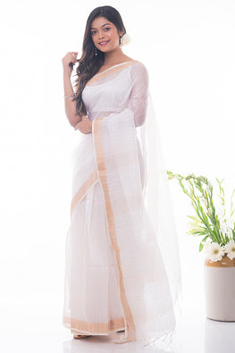  White & Gold Handwoven Bengal Checked Linen Saree Online